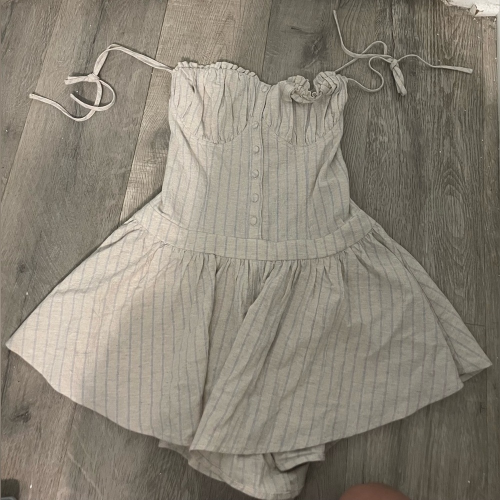 Fashion Nova Cream and Gray Striped Romper